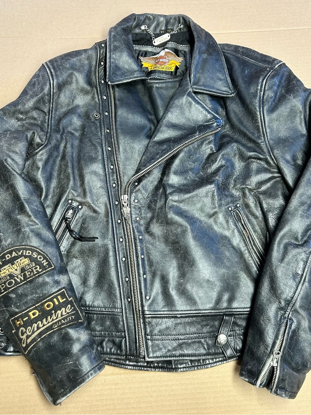 Harley-Davidson Black Leather Studded Biker Jacket Embossed Logo Men’s XL